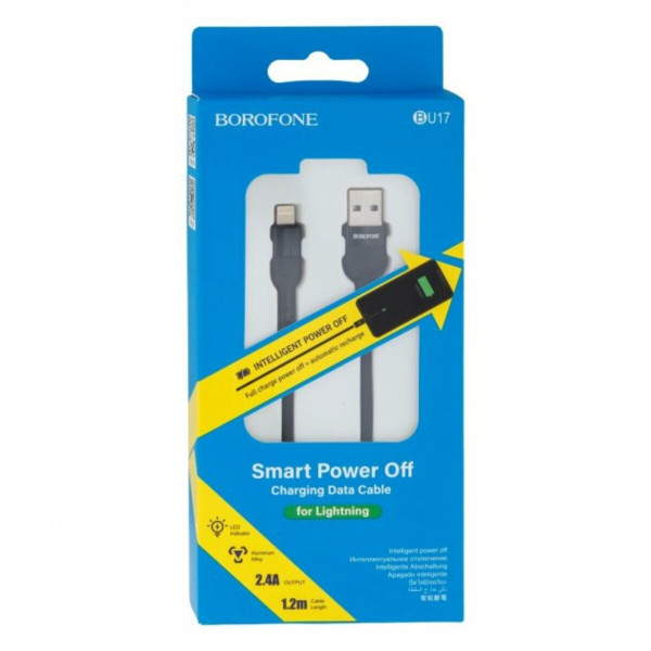 Кабель BOROFONE BU17 USB to iP, 2.4A, 1.2m, nylon, aluminum connectors, light indicator, Black