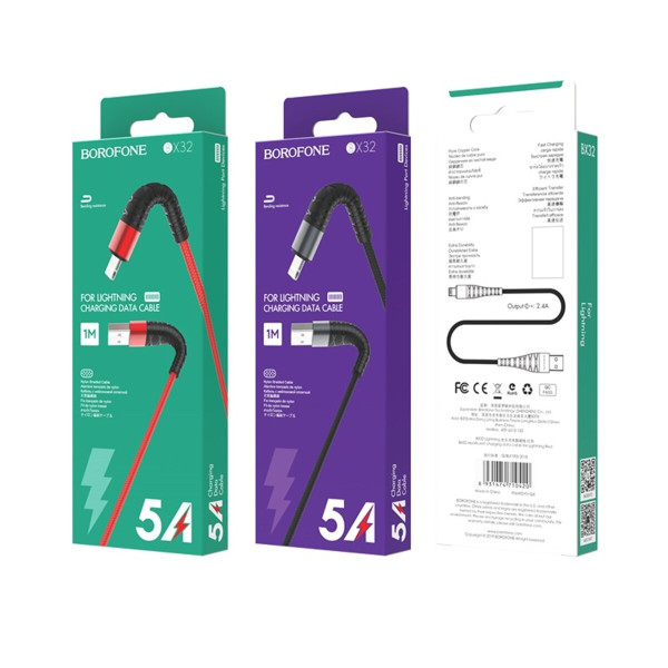 Кабель BOROFONE BX32 USB to iP 2.4A, 1m, nylon, aluminum+TPE connectors, Black