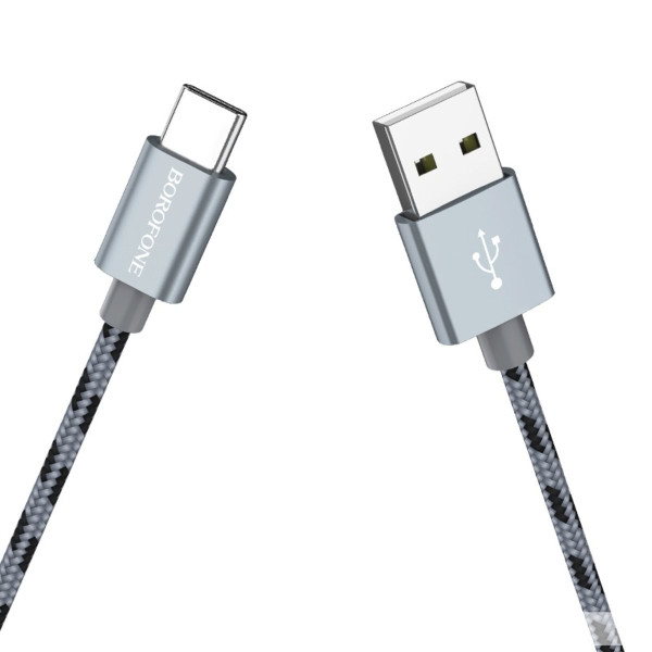Кабель BOROFONE BX24 USB to Type-C 3A, 1m, nylon, aluminum connectors, Metal Gray