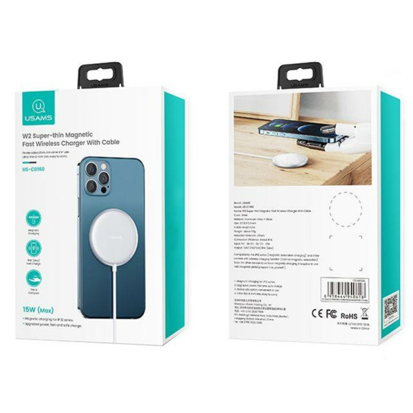 БЗП Usams US-CD160 W2 Aluminum Alloy Super-thin Magnetic Fast Wireless Charger 15W (Max) Silver