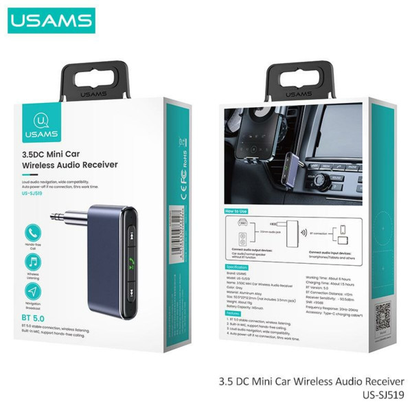 Bluetooth ресивер Usams US-SJ519 3.5DC Mini Car Wireless Audio Receiver BT5.0 Grey