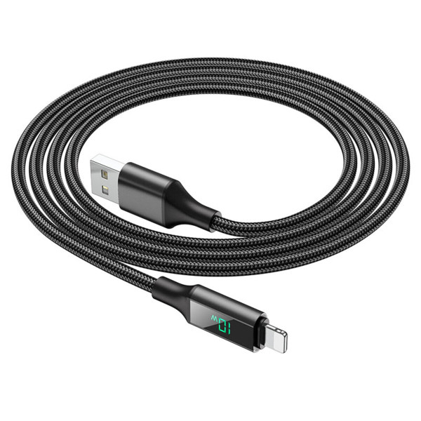 Кабель BOROFONE BU32 USB to iP 2.4A, 1.2m, nylon, aluminum connectors, digital display, Black