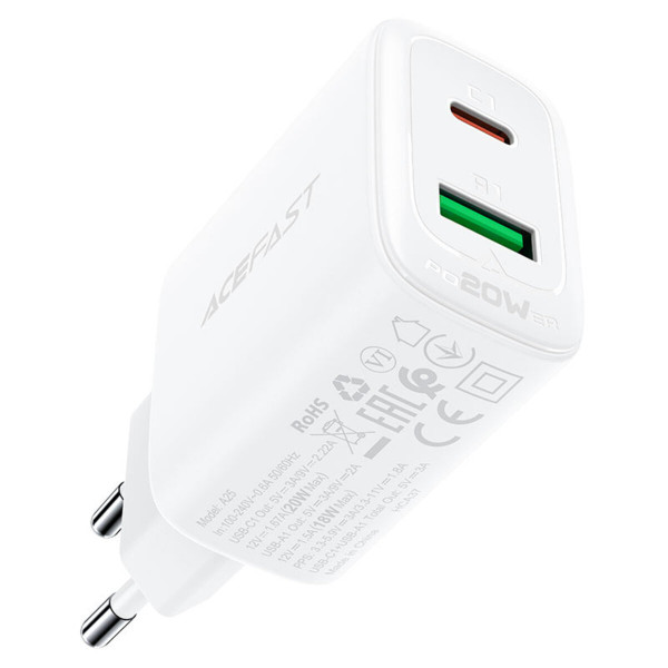 Мережевий зарядний пристрій ACEFAST A25 PD20W (USB-C+USB-A) dual port charger White