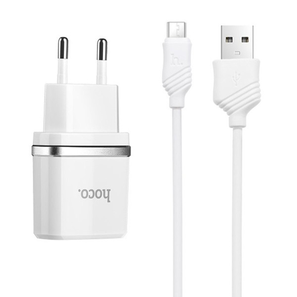 Мережевий зарядний пристрій HOCO C12 Smart dual USB (Micro cable)charger set White