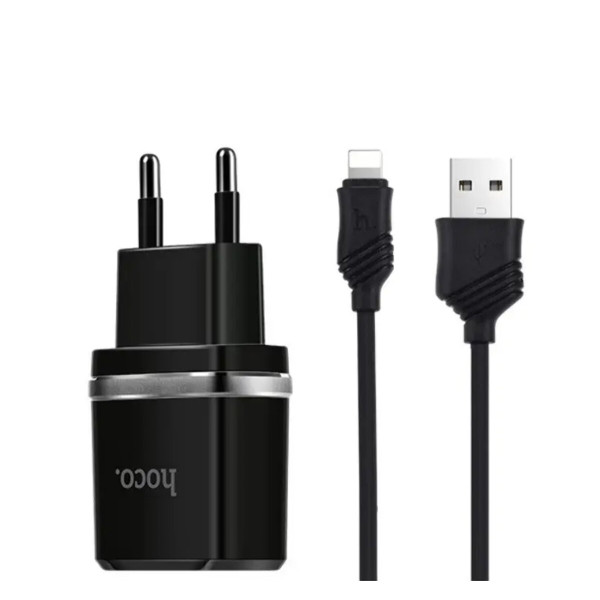 Мережевий зарядний пристрій HOCO C12 Smart dual USB (iP cable)charger set Black