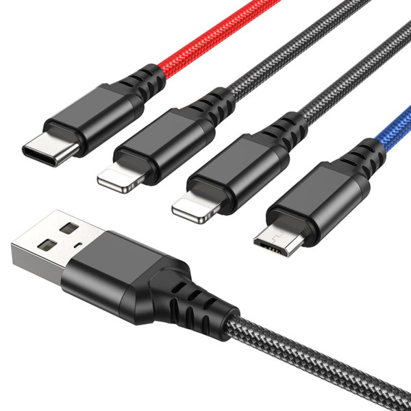 Кабель HOCO X76 4-in-1 Super charging cable(iP+iP+Type-C+Micro) Black+Red+Blue