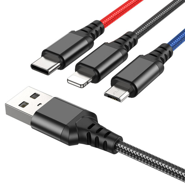 Кабель HOCO X76 3-in-1 Super charging cable(iP+Type-C+Micro) Black+Red+Blue
