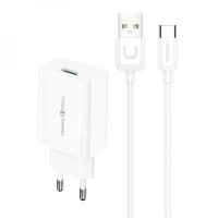МЗП Usams T48 Travel Charger Kit 18W (T22 Single USB QC3.0 Charger EU+Uturn Type-C Cable 1M) White