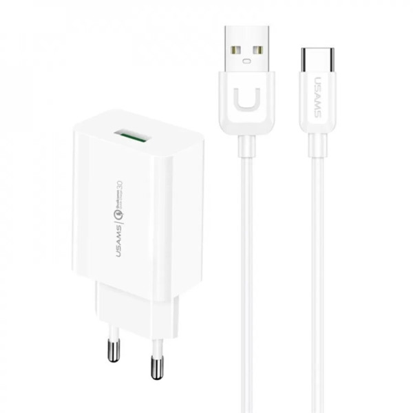 МЗП Usams T48 Travel Charger Kit 18W (T22 Single USB QC3.0 Charger EU+Uturn Type-C Cable 1M) White