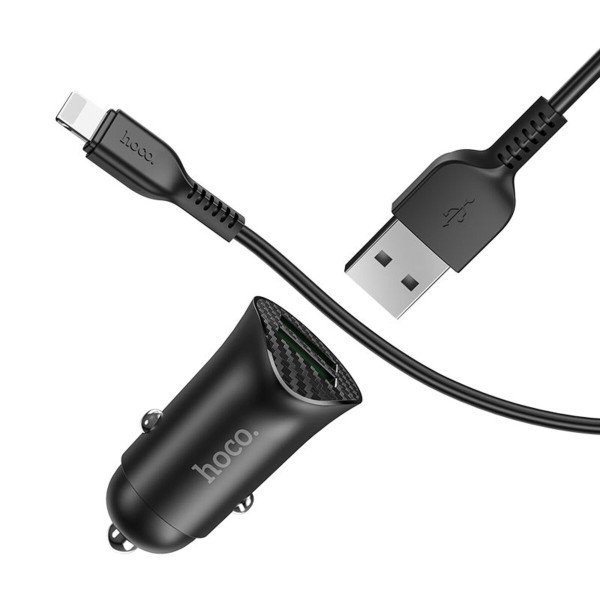 Автомобільний зарядний пристрій HOCO Z39 Farsighted dual port QC3.0 Car charger set(iP) Black