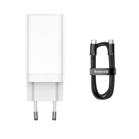 МЗП Baseus GaN3 Pro Fast Charger 2C+U 65W EU White(Include：Baseus Xiaobai series fast charging Cable Type-C  to Type-C 100W(20V/5A) 1m White）