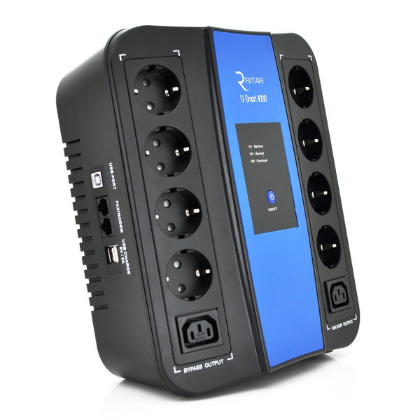 ДБЖ Ritar U-Smart-1000  (600W), LED, AVR, 3st, 8xSCHUKO socket, 1x12V9Ah, USB x2, RJ45, plastik Case ( )  Q2