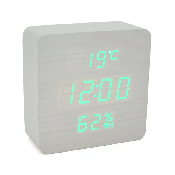 Електронний годинник VST-872S Wooden (White), з датчиком температури та вологості, будильник, живлення від кабелю USB, Green Light