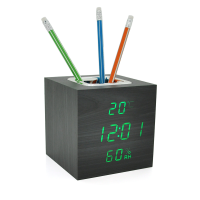 Електронний годинник VST-878S Wooden (Black), з датчиком температури та вологості, будильник, живлення від кабелю USB, Green Light