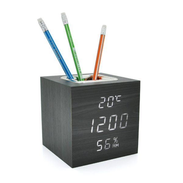 Електронний годинник VST-878S Wooden (Black), з датчиком температури та вологості, будильник, живлення від кабелю USB, White Light