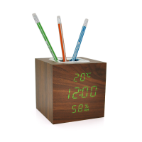 Електронний годинник VST-878S Wooden (Brown), з датчиком температури та вологості, будильник, живлення від кабелю USB, Green Light